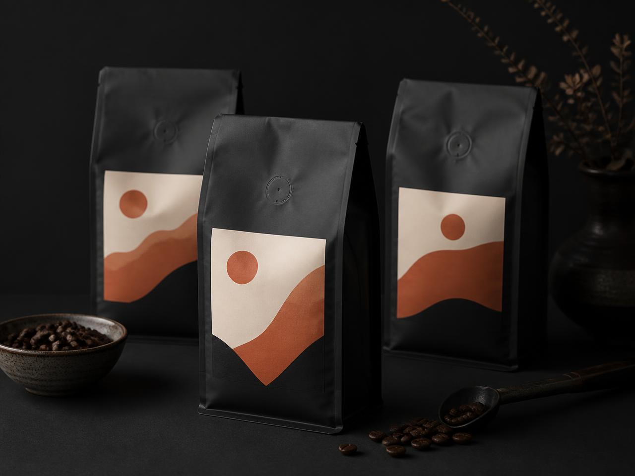 Sorte kaffeposer med terracotta og cremefarvet etiketdesign